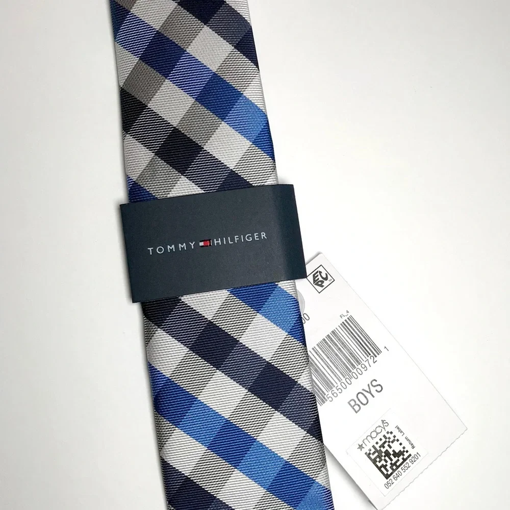 Tommy Hilfiger Boy’s Blue Black and White Plaid Tie New With Tags
